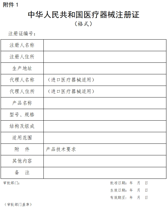 中華人民共和國醫(yī)療器械注冊證（格式）（2021年第121號）(圖1)