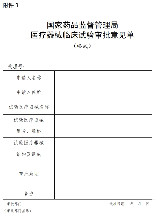 國(guó)家藥品監(jiān)督管理局醫(yī)療器械臨床試驗(yàn)審批意見單（格式）（2021年第121號(hào)）(圖1)