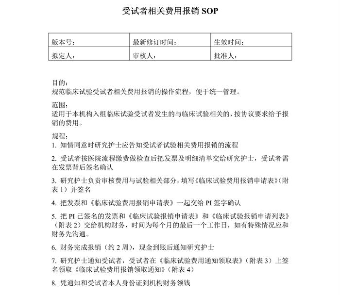 受試者相關費用報銷SOP模板(圖1)