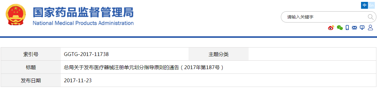 醫(yī)療器械注冊單元劃分指導原則（2017年第187號）(圖1)